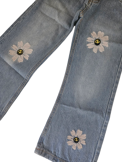 Three White Flowers Embroidered Light Blue Denim Flapper Pants Girls 269