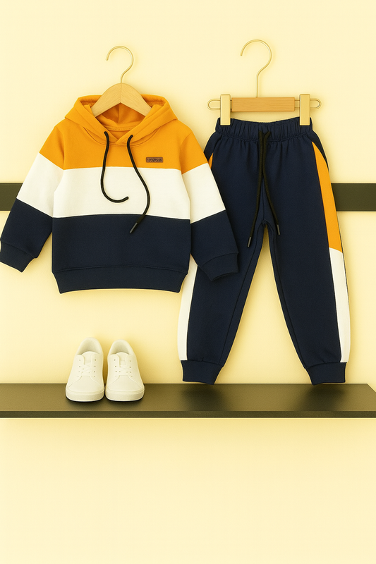 Color Block Hoodie & Jogger Set – Orange, White,Navy 221