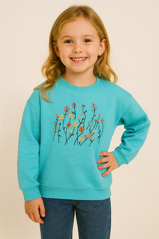 Girls Turquoise Drop-Shoulder Sweatshirt with Floral Embroidery 427
