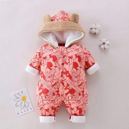 Adorable Bear-Ear Hooded Winter Romper for Babies