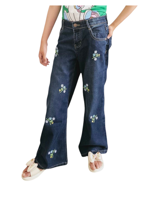 White Flowers Embroidered Dark Blue Denim Flapper Pants Girls 269