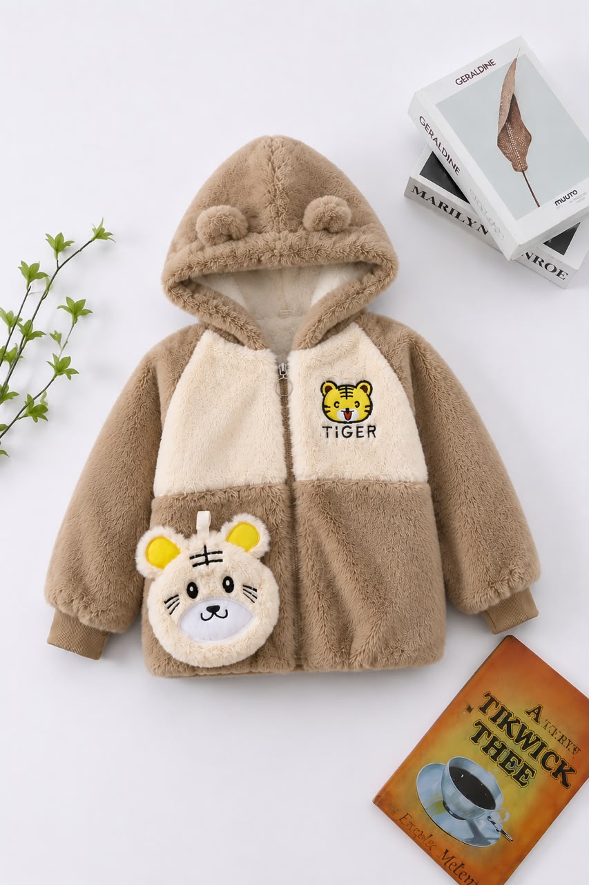 Kids Tiger Plush Hooded Jacket – Brown & Cream 121