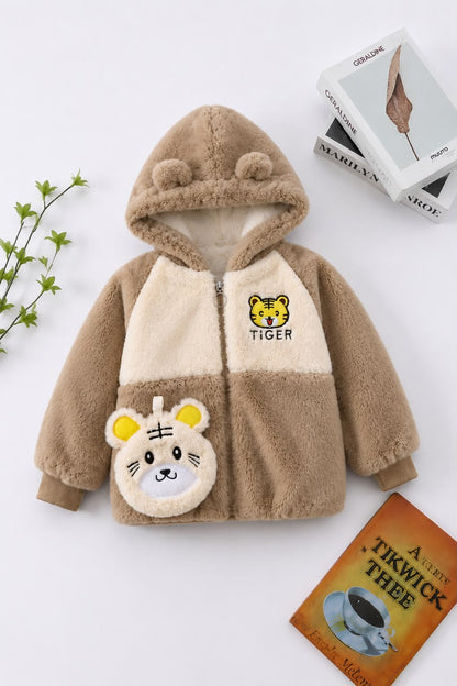 Kids Tiger Plush Hooded Jacket – Brown & Cream 121