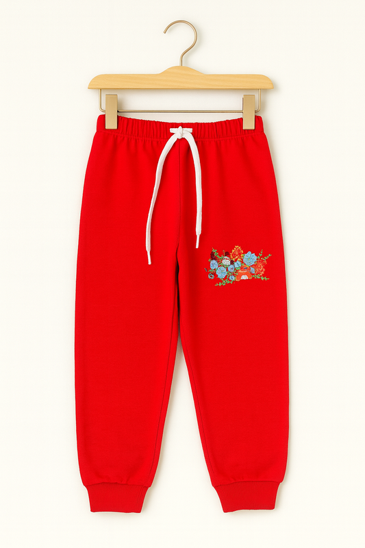 Blossom Garden Embroidered Joggers – Cherry Red 🌺❤️