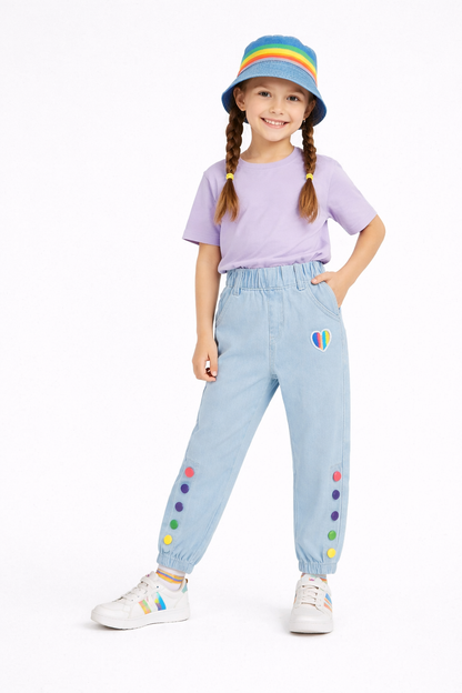 Rainbow Heart Denim Jeans for Girls 🌈 Light Blue 107