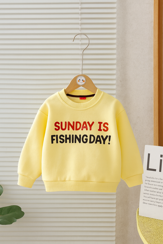 Kids Lemon Yellow Sweatshirt – “Sunday is Fishing Day!” Print 123