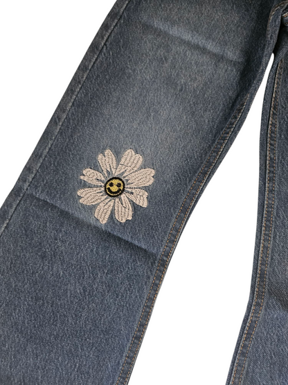 Three White Flowers Embroidered Mid Blue Denim Flapper Pants Girls 269