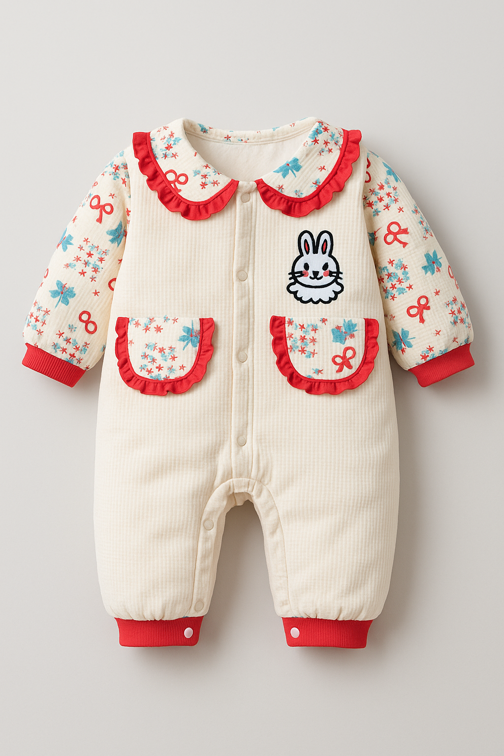 Red Cozy Floral Baby Jumpsuit – Bunny Patch & Ruffle Details