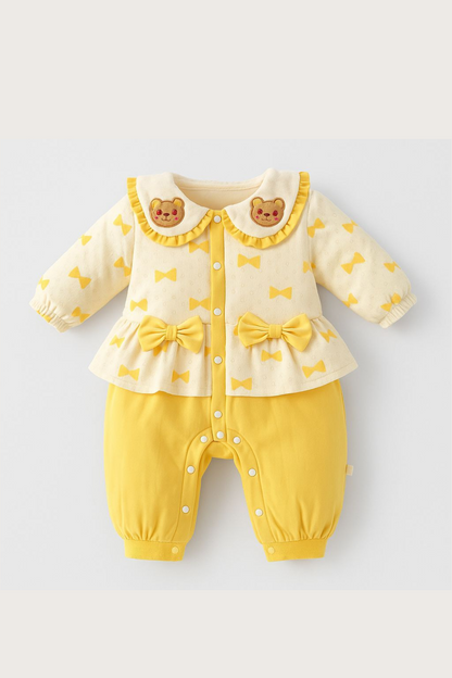 Sweet Bear Bow Baby Romper – Mustard & Cream