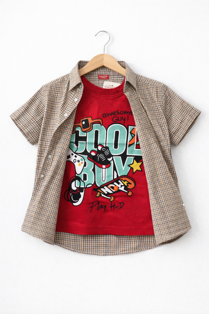 Beige Checked Cool Boy Double Casual Shirt 227