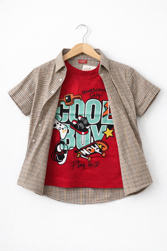 Beige Checked Cool Boy Double Casual Shirt 227