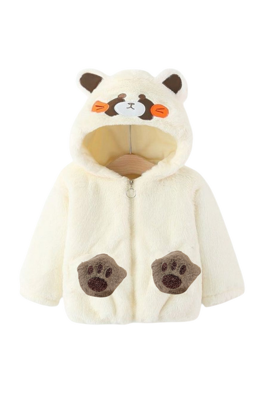 Cream White Furry Bear Hoodie Jacket