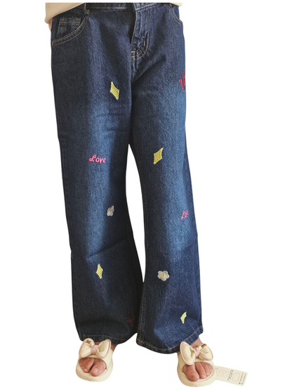 Love Embroidered Dark Blue Denim Flapper Pants Girls 270