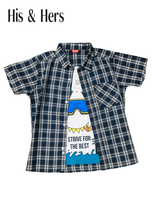 Navy& White Checked [Strive For The Best] Double Casual Shirt Boys 250