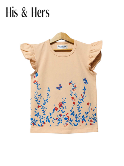 Butterfly & Flowers Sleeveless Beige T-Shirt Girls