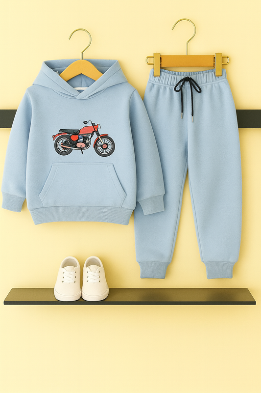 Motorcycle Print Light Blue Fleece Hoodie Tracksuit Boys