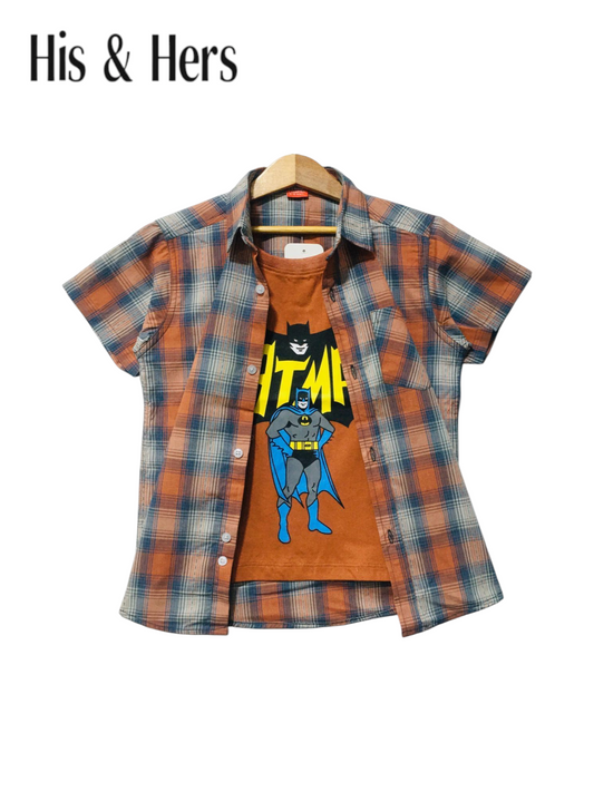 Blue Checked Orange Batman Double Casual Shirt 250