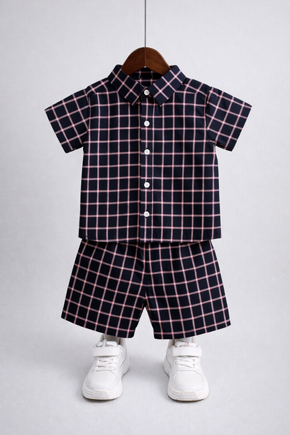 Navy Checked Cotton Nicker Suit Boys 526