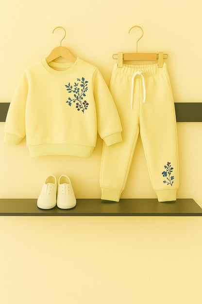 Side Floral Embroidered Light Yellow Tracksuit 233