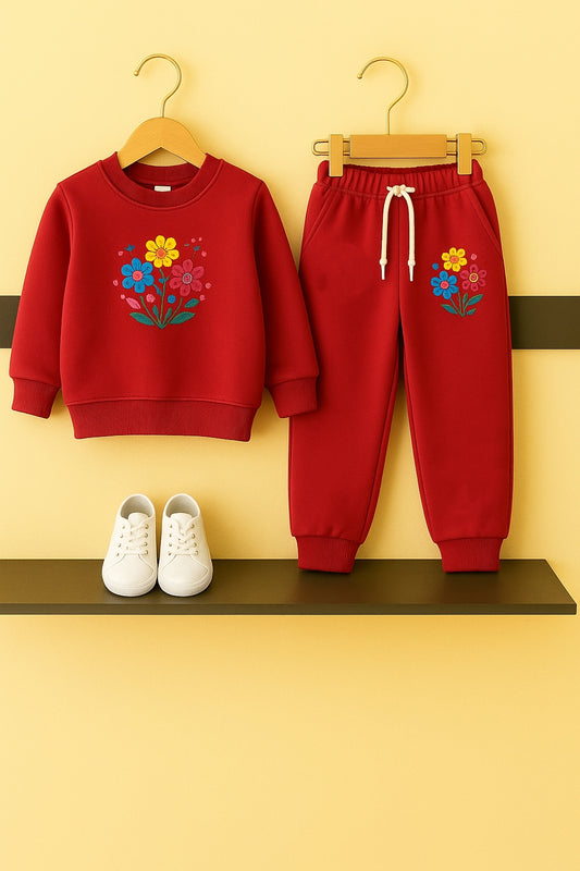 Kids Red Embroidery Fleece Tracksuit