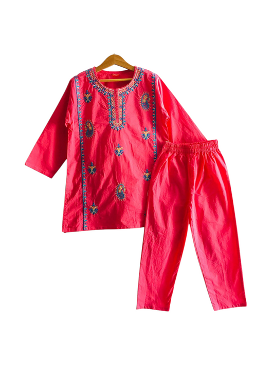 Blue Embroidery Pink Girls Suit 221