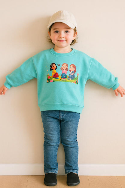 Aqua Blue Drop Shoulder Cartoon Print Sweatshirt for Girls 114
