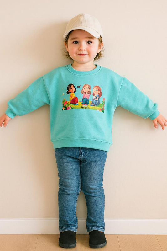 Aqua Blue Drop Shoulder Cartoon Print Sweatshirt for Girls 114