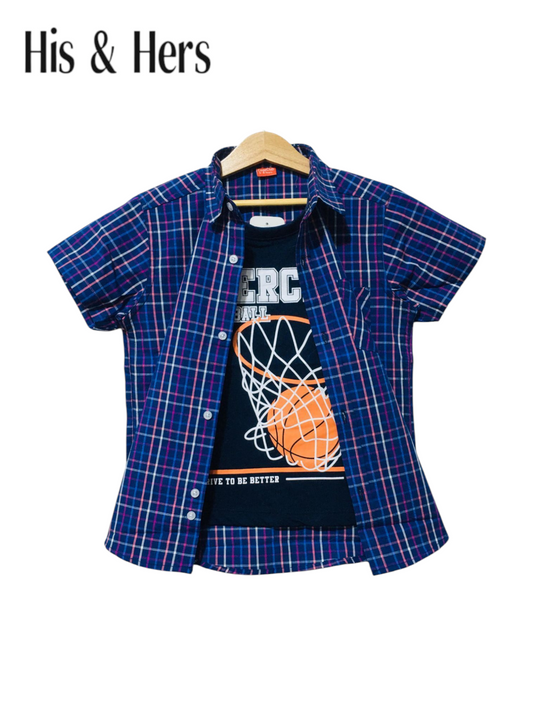 Pink & White Checked Blue Basketball Hoop Double Casual Shirt 250