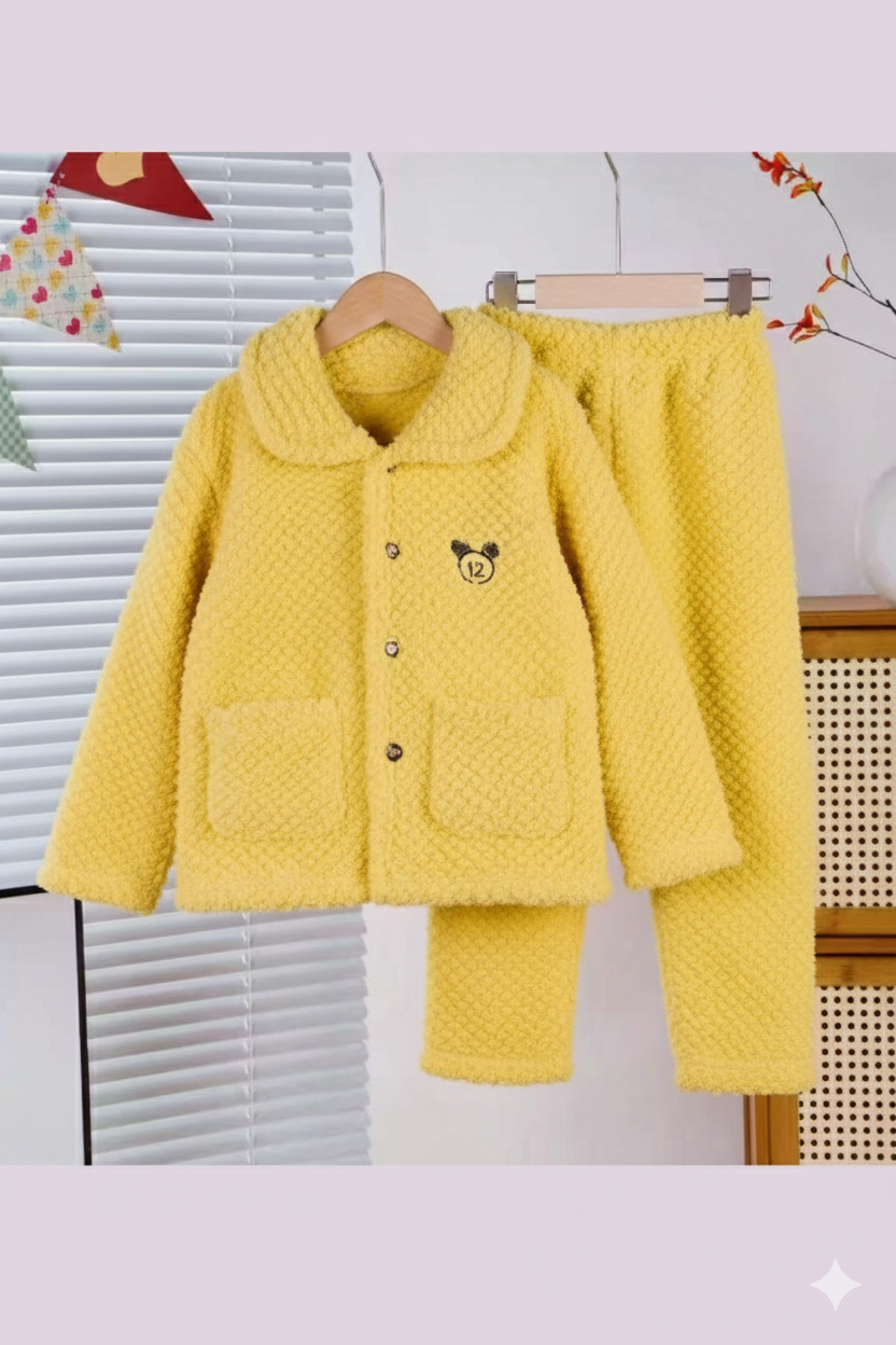 Yellow Coral Fleece Winter Night Suit for Girls – Soft & Warm Two-Piece Lounge Set