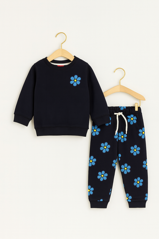 Girls Navy Floral Printed Fleece Tracksuit 🌼