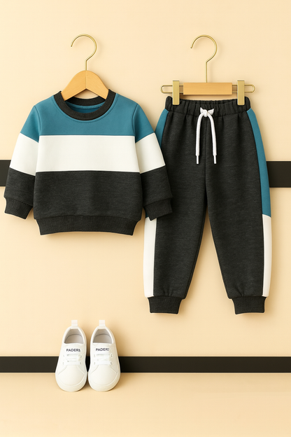 Boys Color Block Fleece Tracksuit – Blue White Charcoal 529