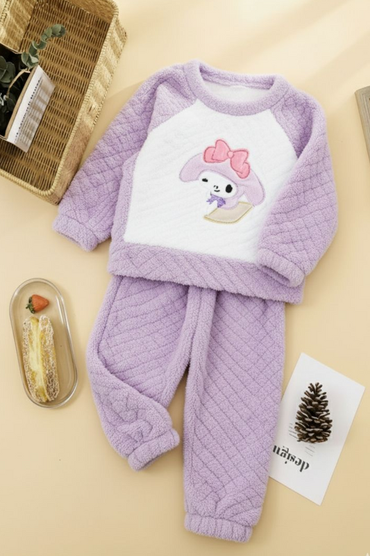 Girls’ Warm Coral Fleece Dolly Night Suit - Light Purple