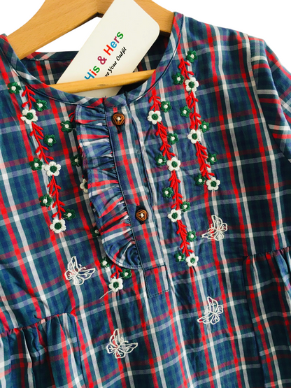 White & Red Checked Navy Girls Top 244