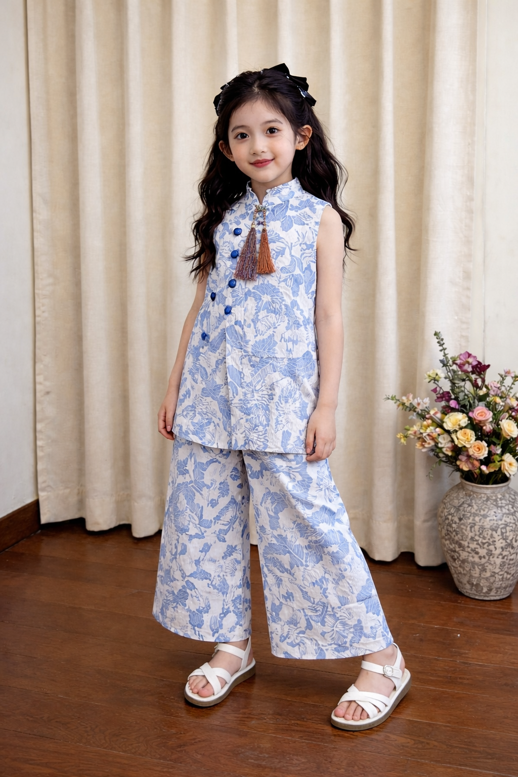 Light Blue White Flowers Printed Top &Flapper Set