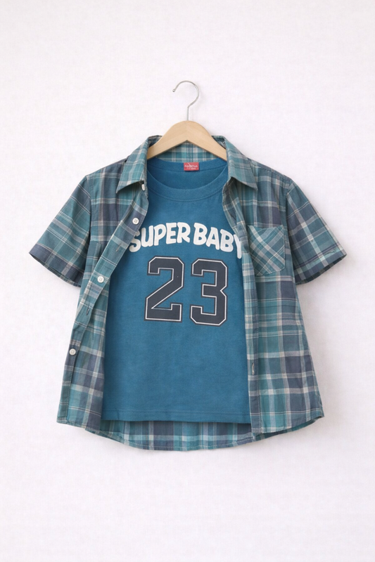 Super Baby Double Casual Shirt Green Check 508