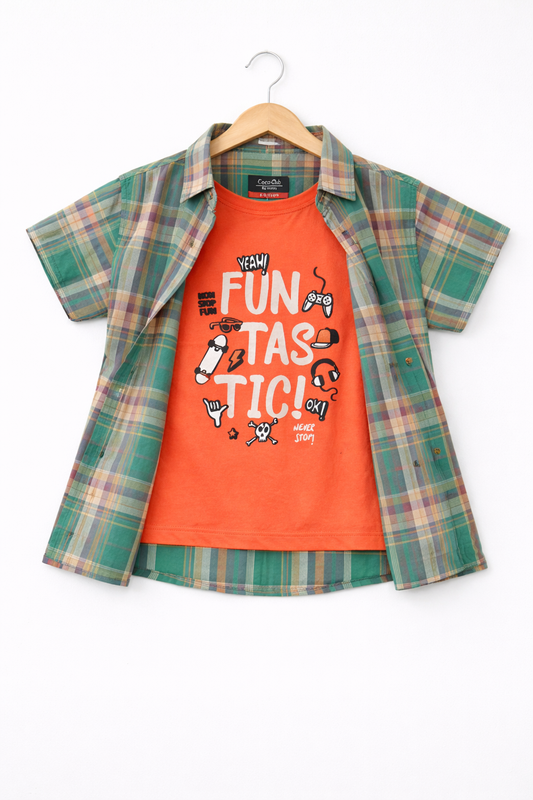 Green Check Fantastic Printed Boys Double Casual T-shirt