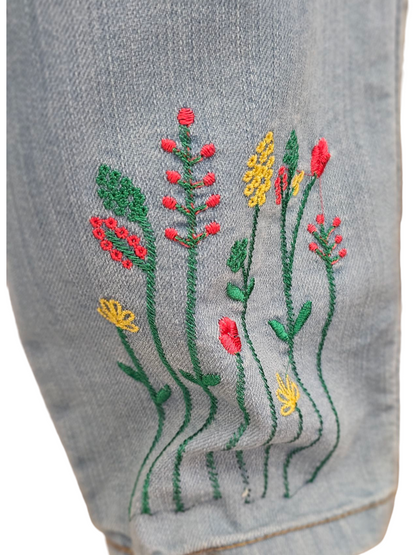 Colorful Flowers Embroidered Light Blue Soft Denim Flapper Pants Girls 270