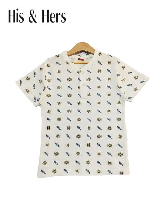 Leaves  Allover Print White Henly Polo Shirt Boys  209