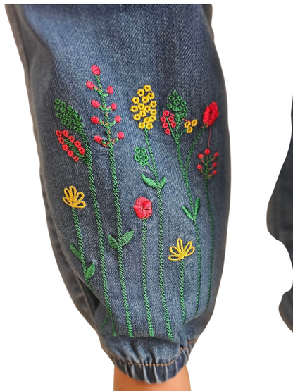 Colorful Flowers Embroidered Mid Blue Ankle Tie Denim Pants Girls 270