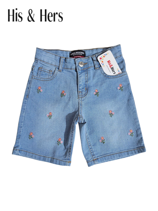 Pink Flowers Embroidery Light Blue Denim Shorts Girls 118