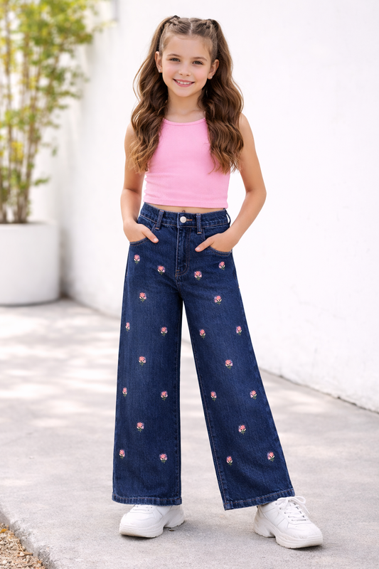Kids Flowers Allover Embroidered Flapper Jeans – D Blue