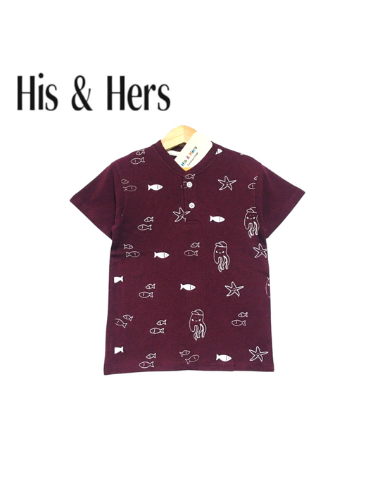 Sea Animals Theme Kid's Mahroon Henley Polo Shirt Boys 105