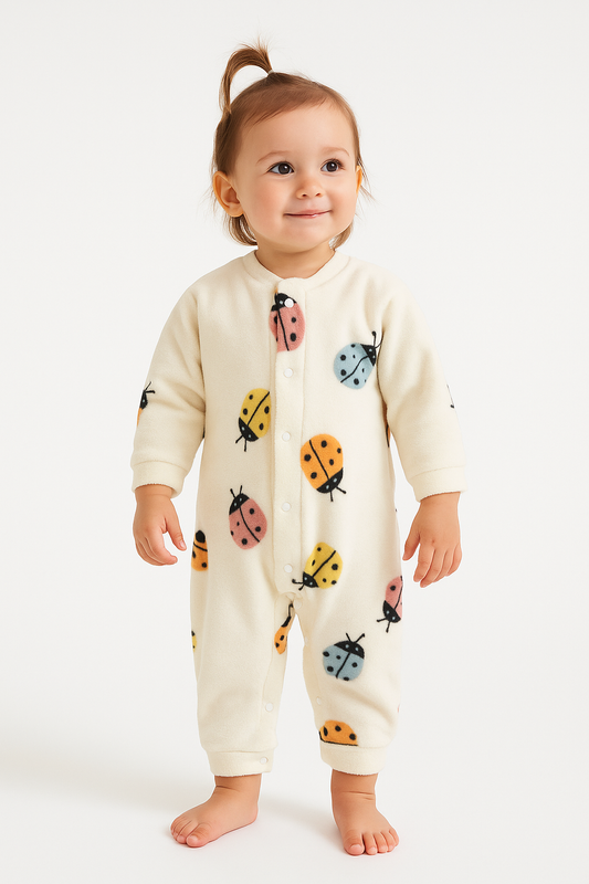 Adorable  Ladybug Print Cream Jumpsuit Bodysuit
