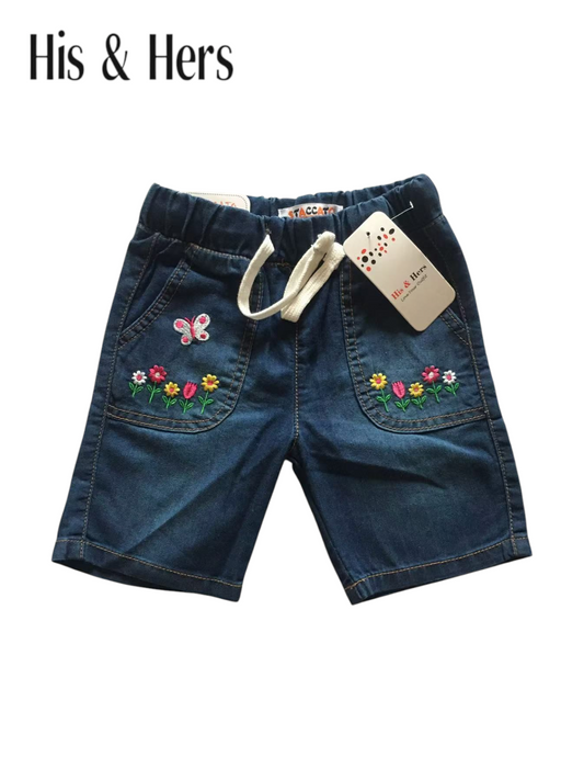 Flowers Embroidery Mid Blue Denim Shorts Girls 120