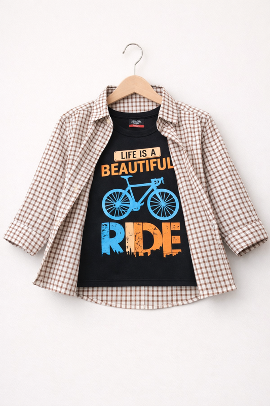 Brown White Check RIDE Printed Cotton Double Casual Shirt