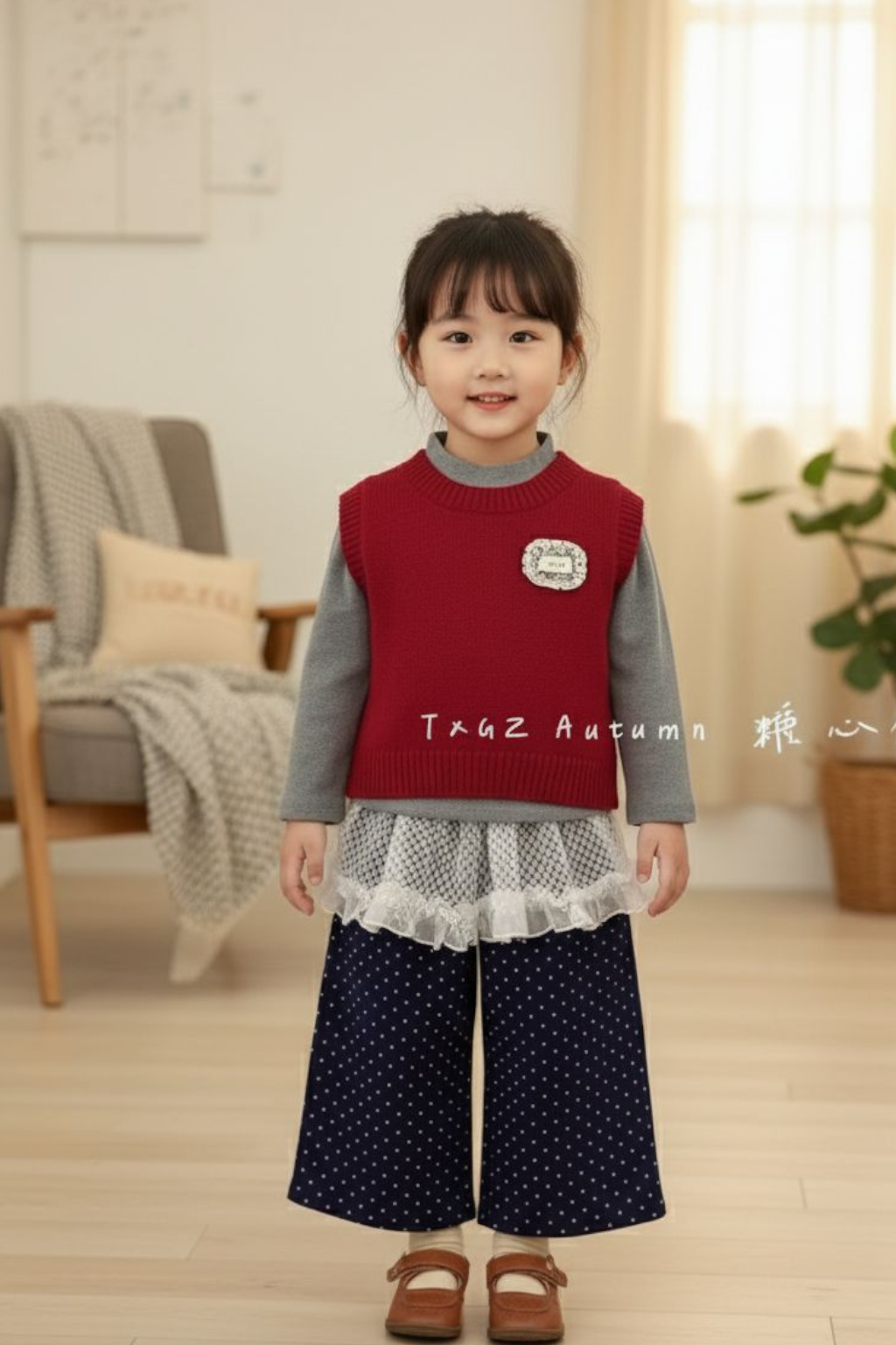 3-Piece Set – Mahroon Knit Vest, Grey Top & Polka Dot Lace Pants