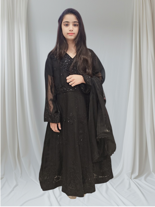 Three-piece Black Fancy Chiffon Frock