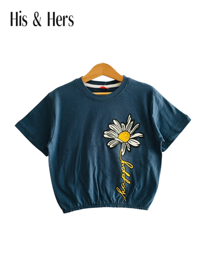 One Flower Blue Short Length T-Shirt Girls 238