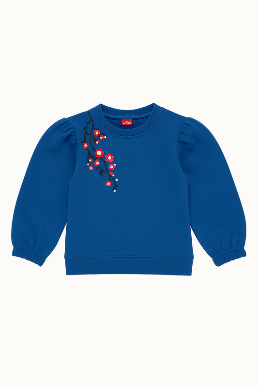 Girls Royal Blue Sweatshirt – Floral Embroidery with Puff Sleeves 305