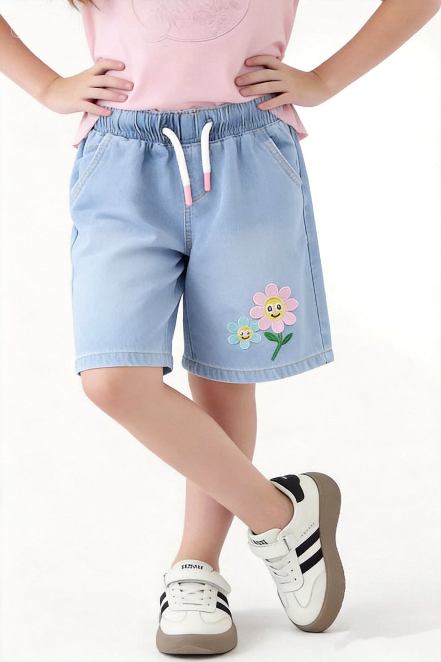 Smiley Flower Embroidery Mid- Blue Girls Short